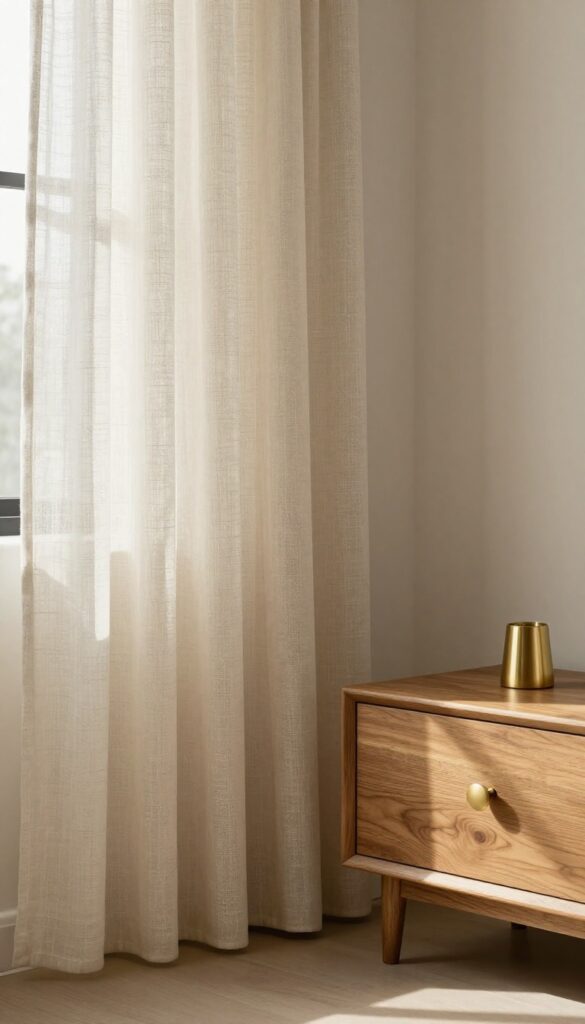 Modern vintage bedroom corner with brushed brass cabinet knob, brass curtain rod, and linen curtains in bright natural light