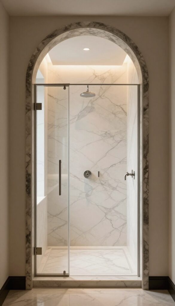 Arched entryway with contrasting marble trim leading into a bright walk-in shower lined with white veined marble tiles