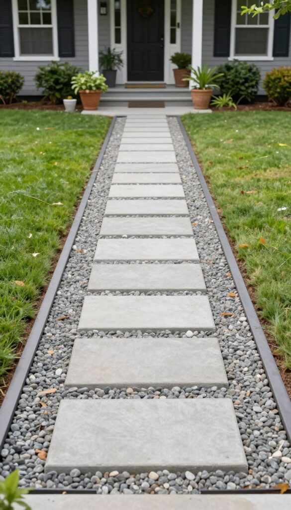 Front yard entrance with a stepping stone path made of wide rectangular concrete slabs set in gray gravel, bordered by green grass and leading to a house entrance in bright daylight.