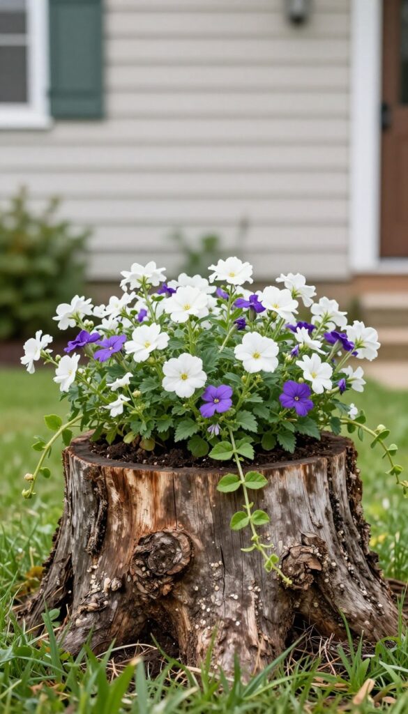 Rustic tree stump planter in a front yard filled with white and purple flowers and trailing greenery, surrounded by grass and mulch in bright natural light