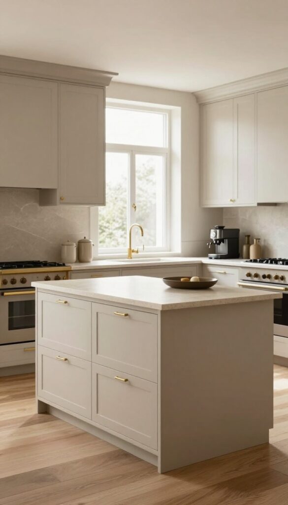Luxurious modern kitchen with warm greige and beige cabinets, taupe island, brass hardware, wood flooring, and bright natural light