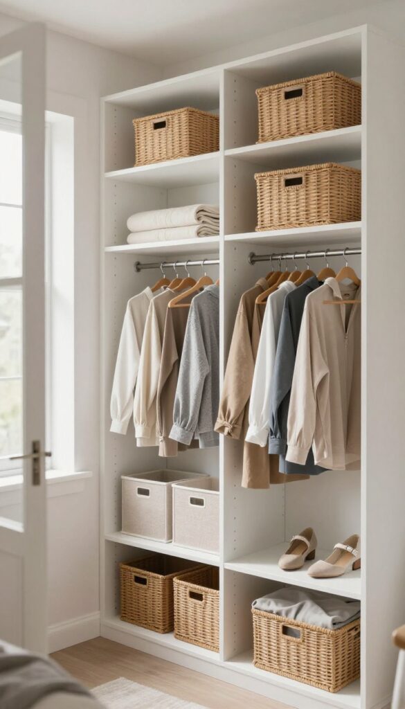 Organized bedroom closet with adjustable white shelves, slim velvet hangers, matching baskets, and labeled storage bins in bright natural light