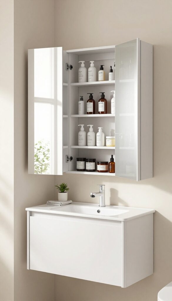 Open double-door mirror cabinet with deep shelves holding neatly organized bathroom essentials above a clean vanity in a bright bathroom.