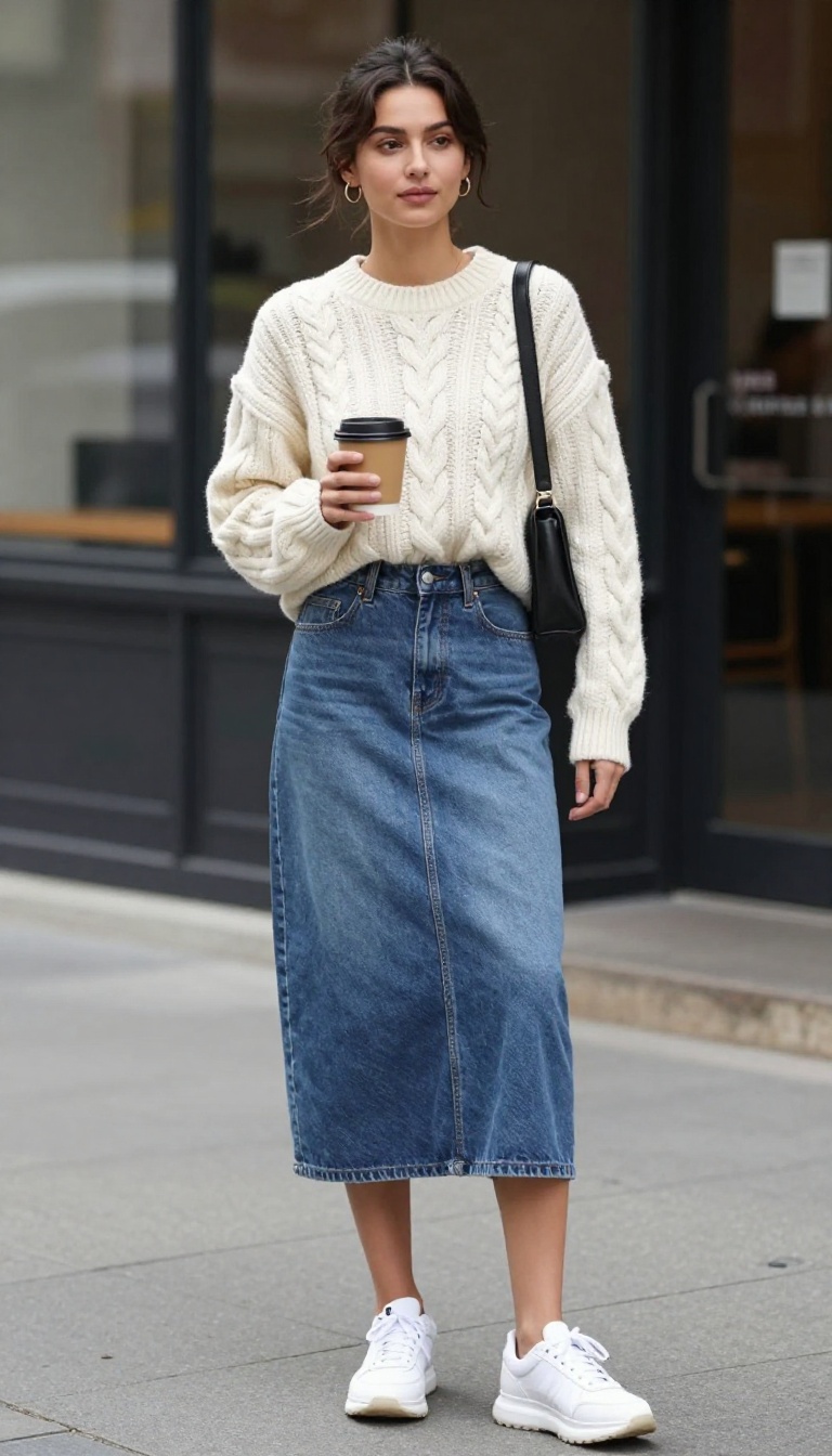 1. Denim Midi Skirt with a Cropped Cable-Knit Sweater