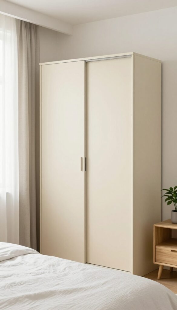Minimalist matte finish sliding wardrobe with flat cream panels blending into a bright, calm bedroom wall, styled with textured bedding and soft natural light