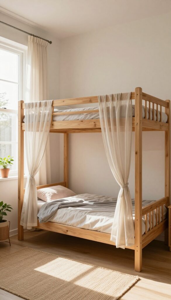 A bright small bedroom with a wooden double deck bunk bed featuring soft neutral curtain privacy panels tied back along each bunk, cozy bedding, and natural sunlight.