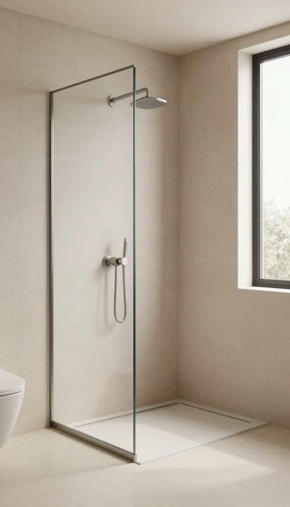 Modern walk-in shower with large-format beige porcelain tiles, thin grout lines, frameless glass, and bright natural light for a seamless elevated look.