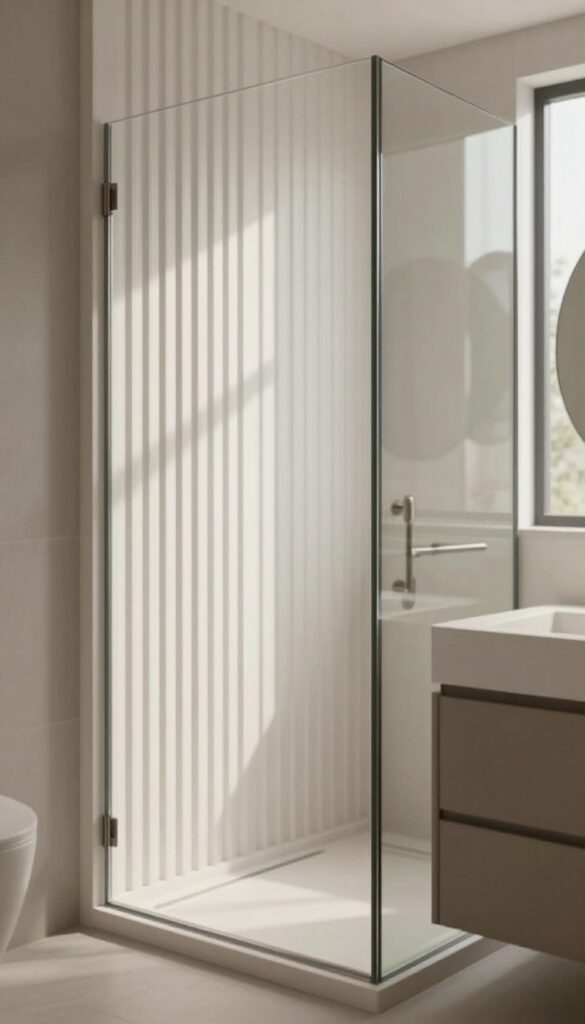 Modern bathroom shower with warm white vertical fluted wall panels, a frameless glass screen, and minimal fixtures in bright natural light