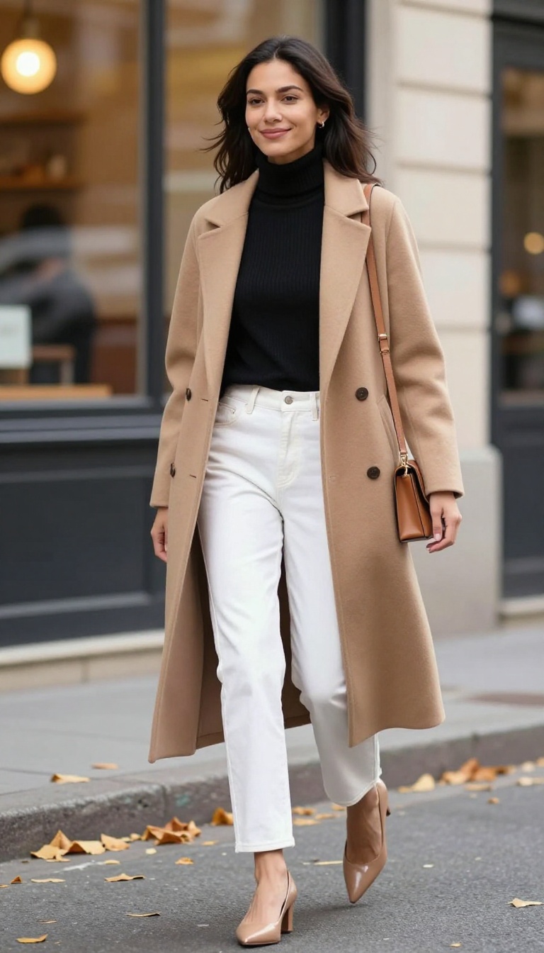 7. White Jeans with Nude Heels and a Camel Coat
