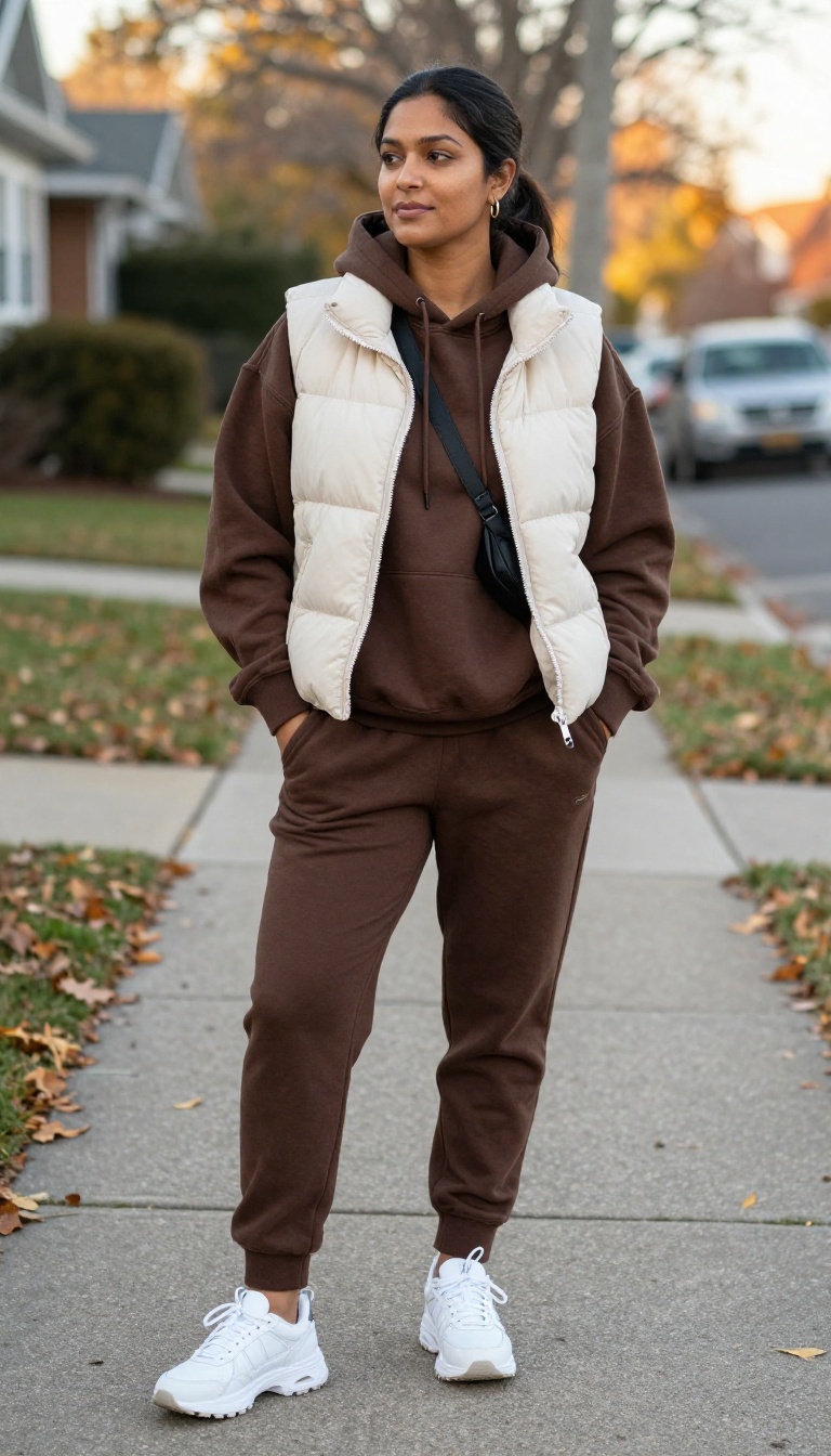 3. Velour Tracksuit + Puffer Vest + Retro Sneakers