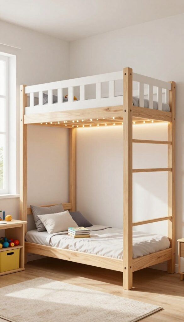 Bright boys bedroom with a light wood loft bed and a cozy play area underneath featuring a small desk, rug, toy bins, and warm LED strip lighting