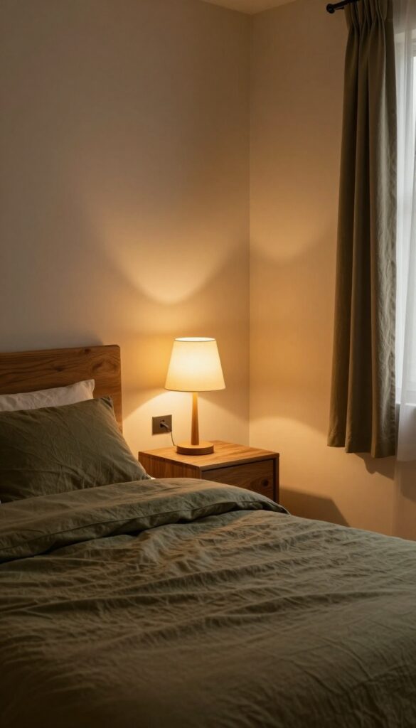 Warm-toned bedside lamps with wooden bases glowing in an earthy green and brown bedroom, highlighting natural materials and cozy layered lighting