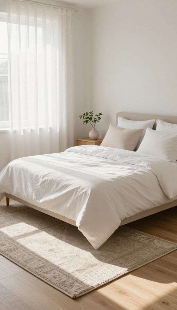 Bright remodeled bedroom with a large neutral patterned area rug extending beyond both sides of the bed and a smaller textured accent rug layered on top, soft natural light, cozy and Pinterest-friendly.