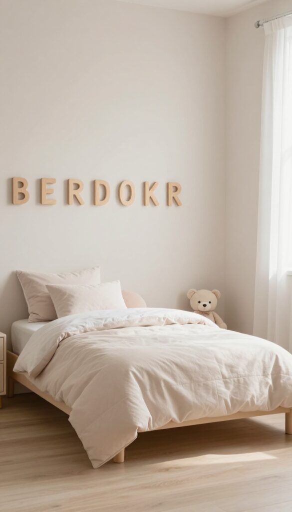 Bright toddler girl bedroom with blank wooden decorative letters arranged in a row above the bed, soft pastel bedding, and natural light