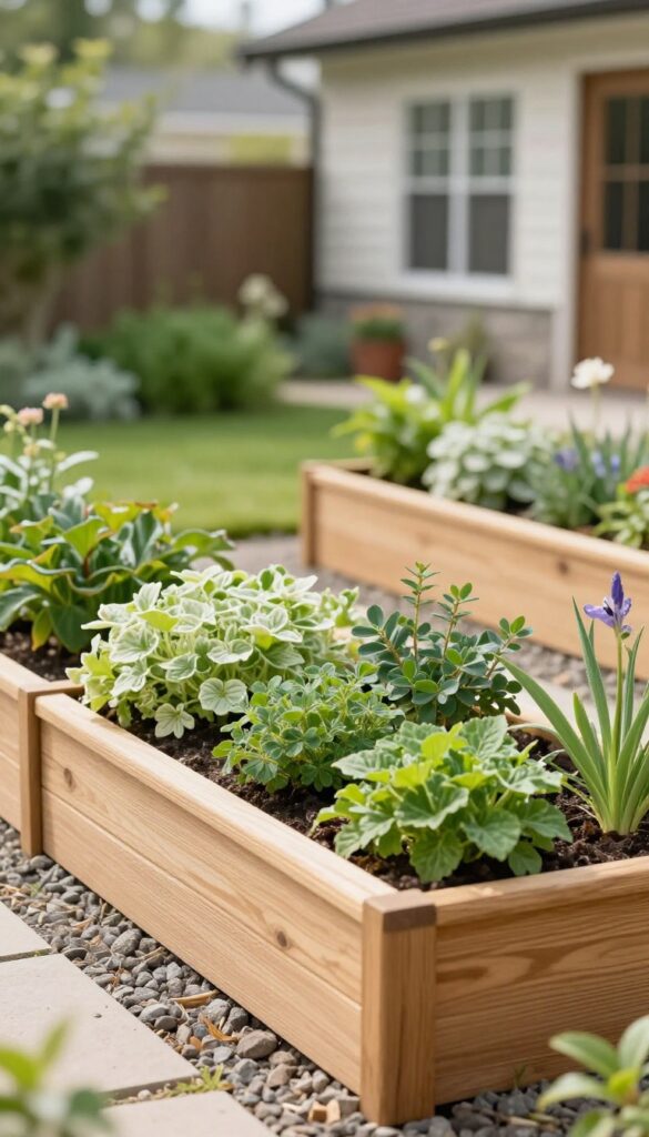 Small front yard with neatly arranged wooden raised garden beds full of green plants along a gravel path in bright natural light