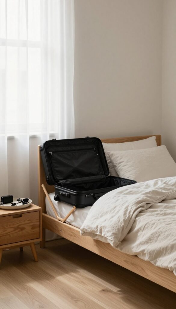 Bright guest bedroom with a wooden folding luggage rack holding an open suitcase beside a neatly made bed and a small tray of travel items on a nightstand.