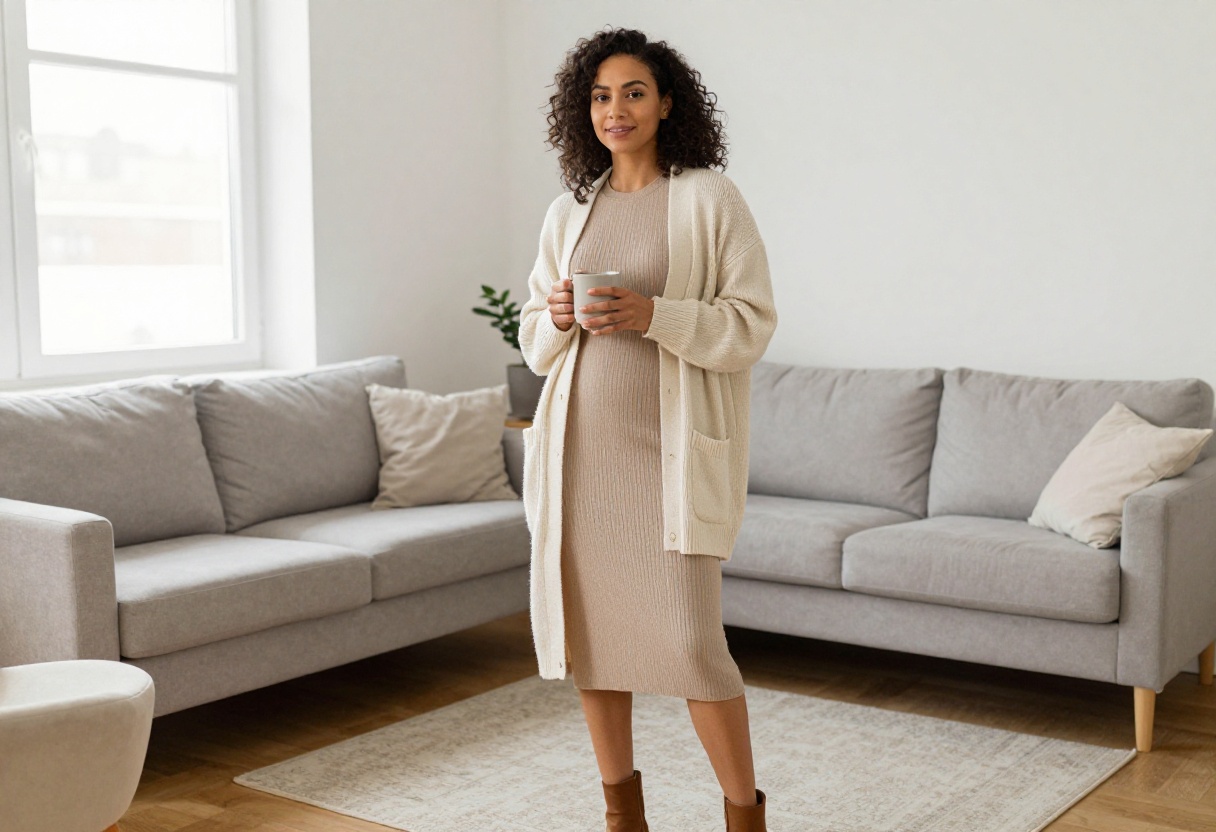 Woman wearing a cozy long knit skirt and oversized cardigan for a modest seasonal outfit.