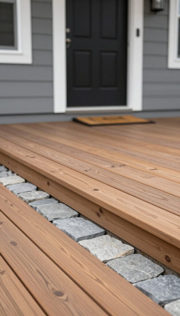 Front entrance wood deck with a cool gray stone-inlay border along the outer edge, set against a suburban home's gray siding and foundation in bright natural light.