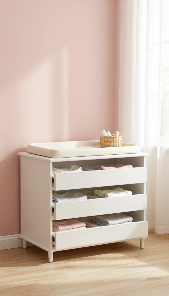 Bright baby girl nursery with a white dresser topped with a removable changing tray, open drawers of folded clothes, and a small woven basket of essentials in natural light