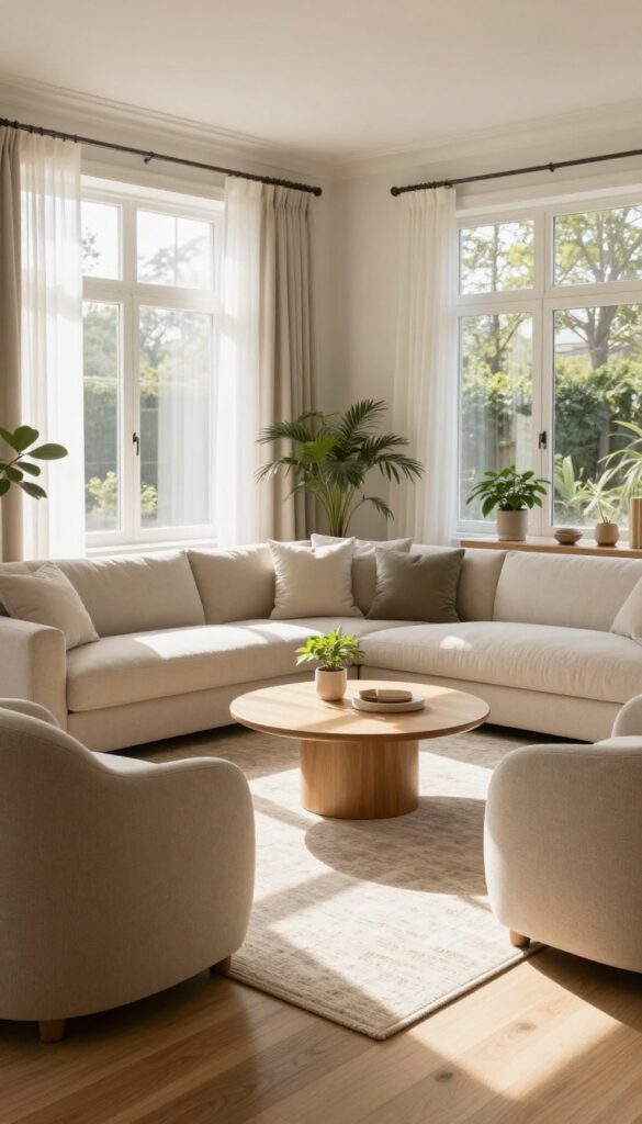 Bright living room with two separate seating zones, one with angled armchairs around a round coffee table and another with a small sofa and ottoman bench, connected by a clear walkway.