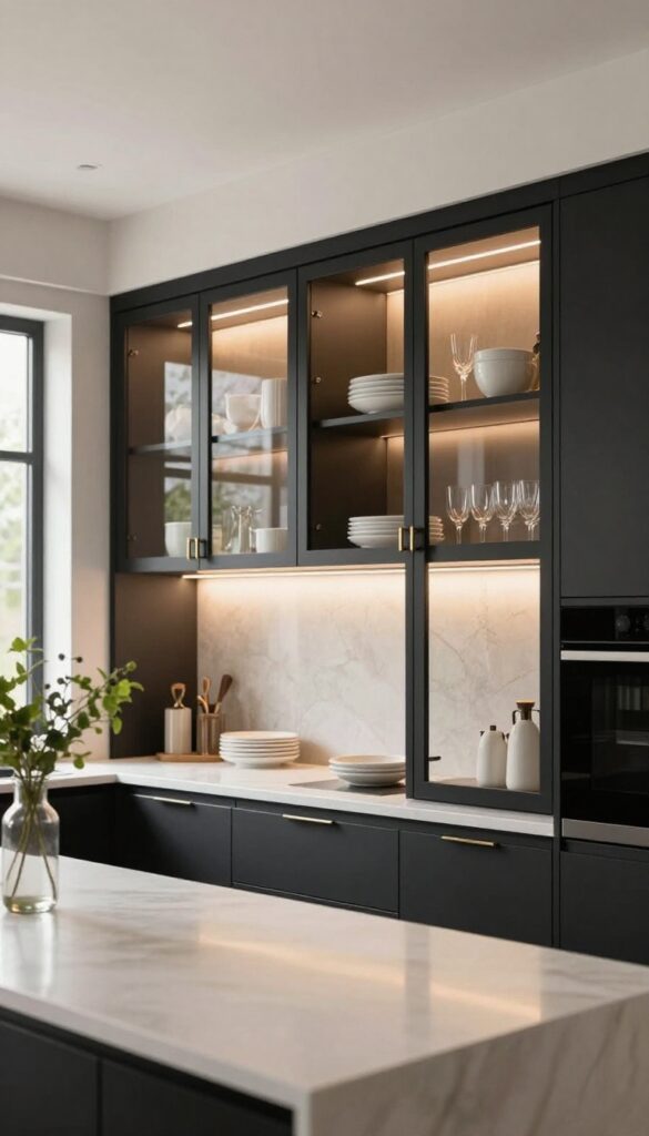 Luxurious black kitchen cabinets with glass front doors, warm interior lighting, and neatly styled neutral dishes and glassware against a light backsplash