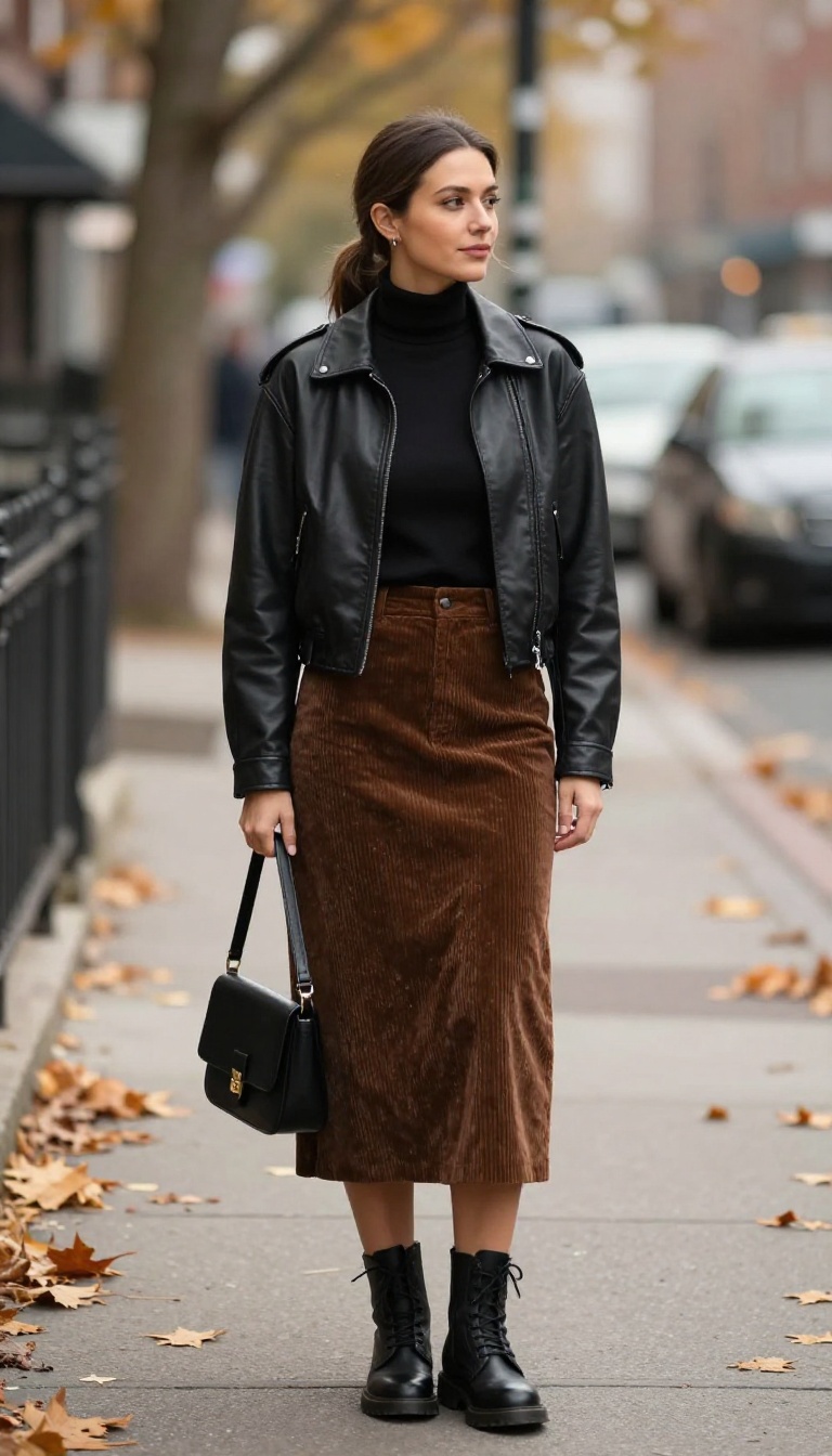 6. Leather Jacket and Corduroy Skirt for an Edgy Fall Look