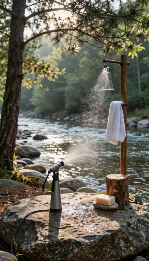 A garden pressure sprayer used as a camping shower setup beside a river with a towel, soap, and hanging water bag in bright natural light.