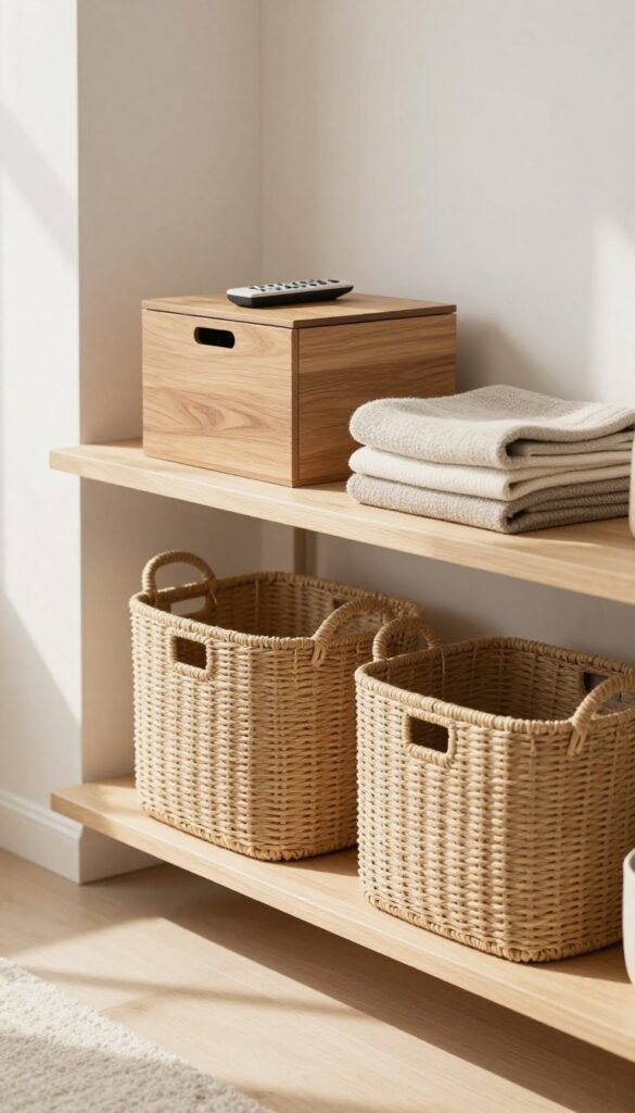 Bright living room shelf styled with woven baskets and a closed wood storage box holding everyday items, showing functional storage that looks polished and clutter-free.