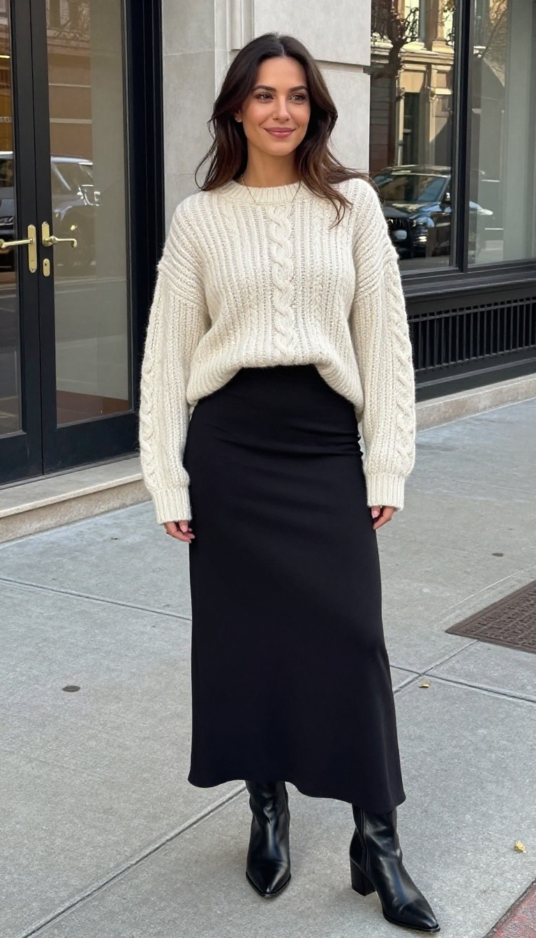 2. Long Black Skirt with a Chunky Cable-Knit Sweater and Ankle Boots