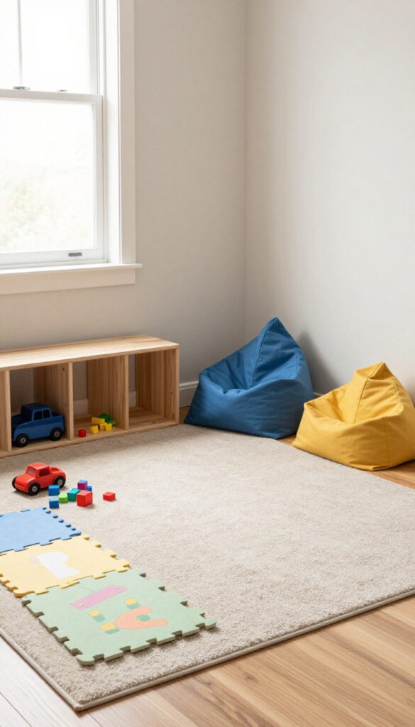 Bright shared boys' bedroom corner with a soft rug, toy chest, bean bags, and a foam puzzle mat creating a contained play area in natural light