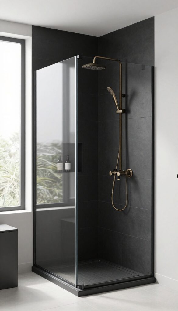 All-black minimalist walk-in shower with matte black tiles, frameless glass panel, and brushed metal accents in a bright bathroom