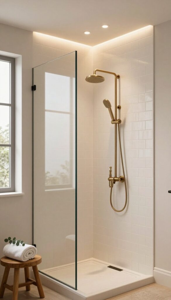 Modern farmhouse shower with recessed LED ceiling lights casting a warm glow on white subway tile and light wood accents, styled with a wooden stool and rolled towel.