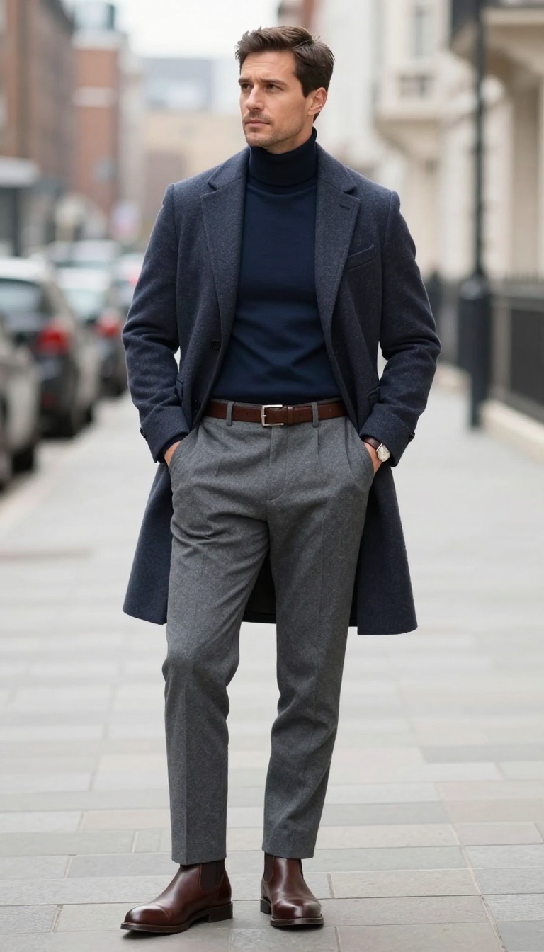 3. Camel Overcoat with Navy Turtleneck and Wool Trousers