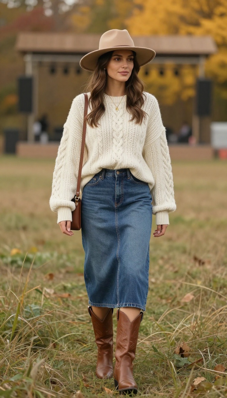 1. Classic Denim Skirt with a Chunky Knit and Cowgirl Boots