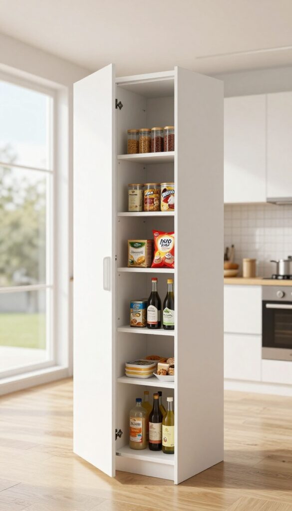 Modern small kitchen with a tall pull-out pantry cabinet slid open, showing neatly organized shelves of spices, cans, snacks, oils, and baking items in bright natural light