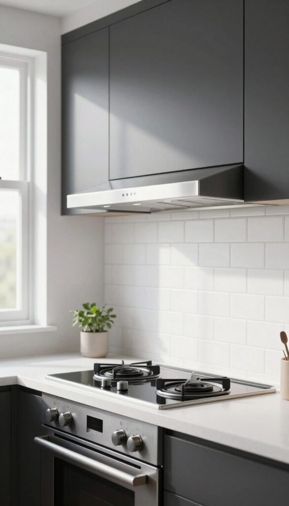 Slim stainless steel range hood above a stove in a bright small modern kitchen with white subway tile backsplash and natural light