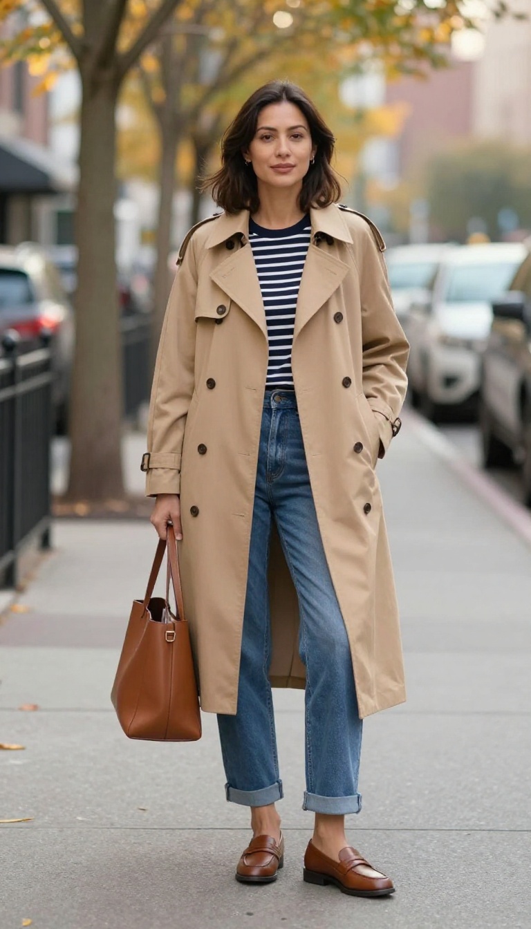 3. Straight-Leg Jeans with a Trench Coat and Loafers