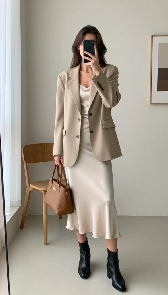 Tall model in an oversized beige blazer and flowing ivory satin midi skirt, with cream camisole, ankle boots, and tan handbag, taking a mirror selfie in a bright, minimal room.