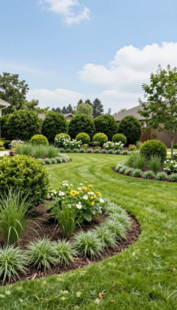 Layered garden beds with curved mulch edges and tiered shrubs, perennials, and ground cover creating defined zones across a large front yard lawn in bright daylight