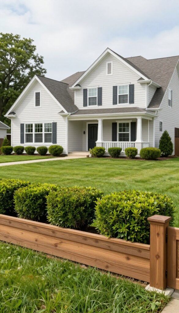 Large front yard bordered by a decorative horizontal wood fence with evenly spaced trimmed hedges framing the property and a charming home in the background