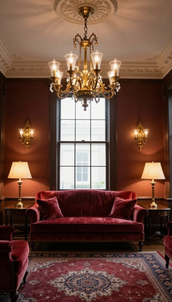 Victorian living room with an ornate brass and glass chandelier, matching wall sconces, and a warm table lamp creating layered vintage-inspired lighting