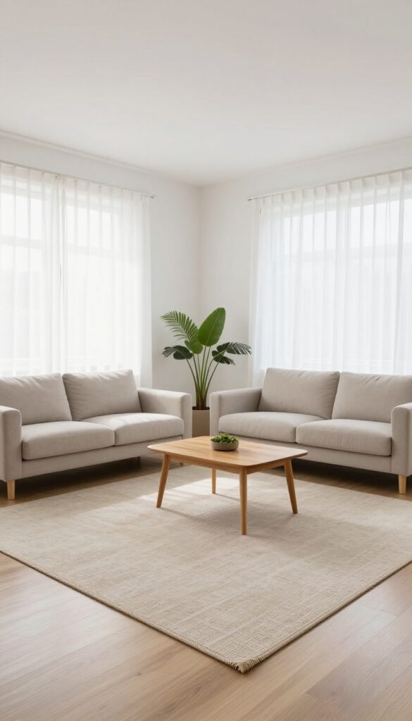 Bright small living room with a large light-colored patterned area rug anchoring a neutral sofa and two armchairs, front legs resting on the rug, natural light from sheer curtains