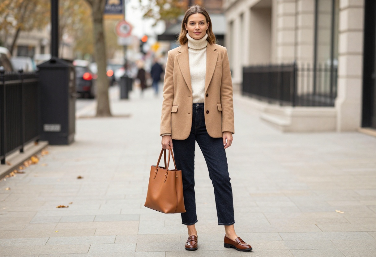 Woman wearing dark straight-leg jeans, cream turtleneck, camel blazer, and loafers, standing on a city street in autumn.