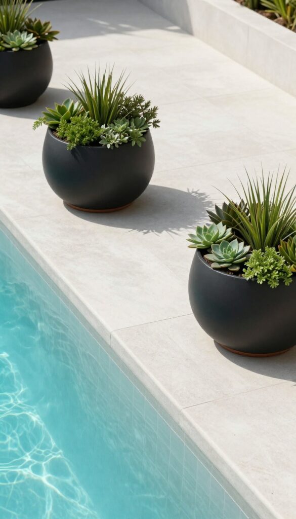 Oversized matte black and terracotta planters filled with ornamental grasses and succulents arranged along a bright modern pool deck, adding greenery to hardscape without permanent landscaping.