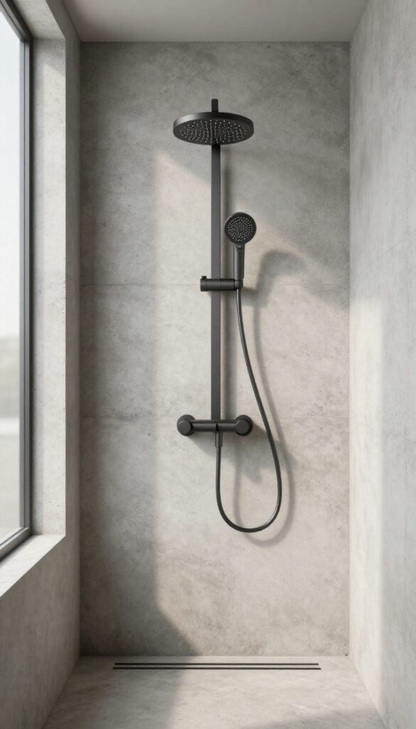 Modern concrete shower with bold matte black statement fixtures and natural light
