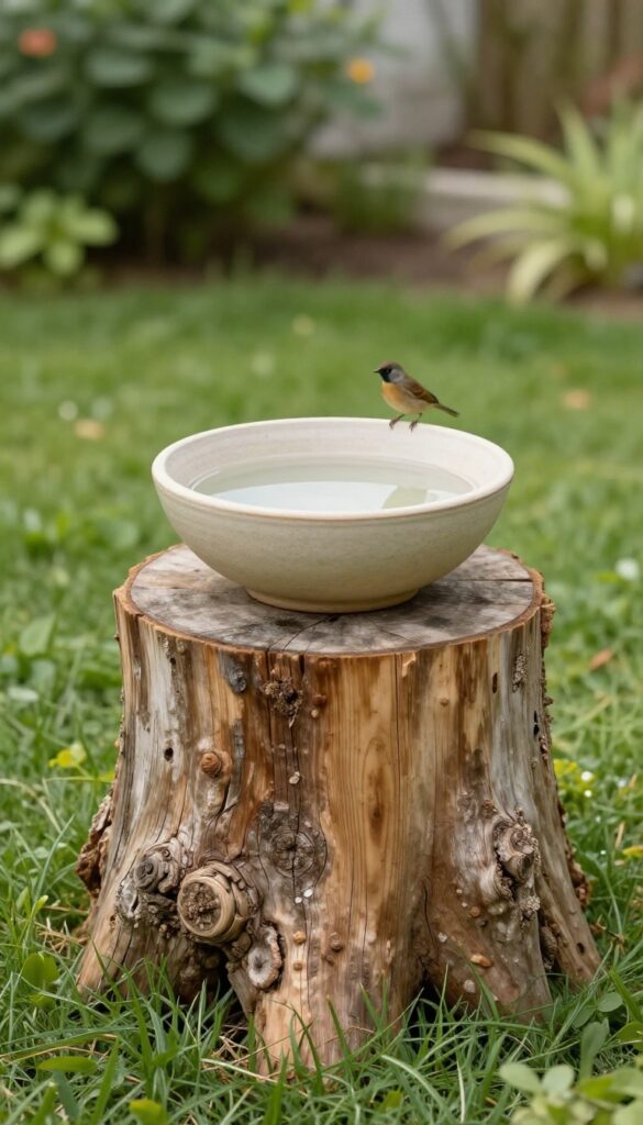 A shallow neutral ceramic bird bath bowl mounted on a leveled tree stump in a sunny front yard, with a small bird perched on the rim and tidy grass and greenery around the base.