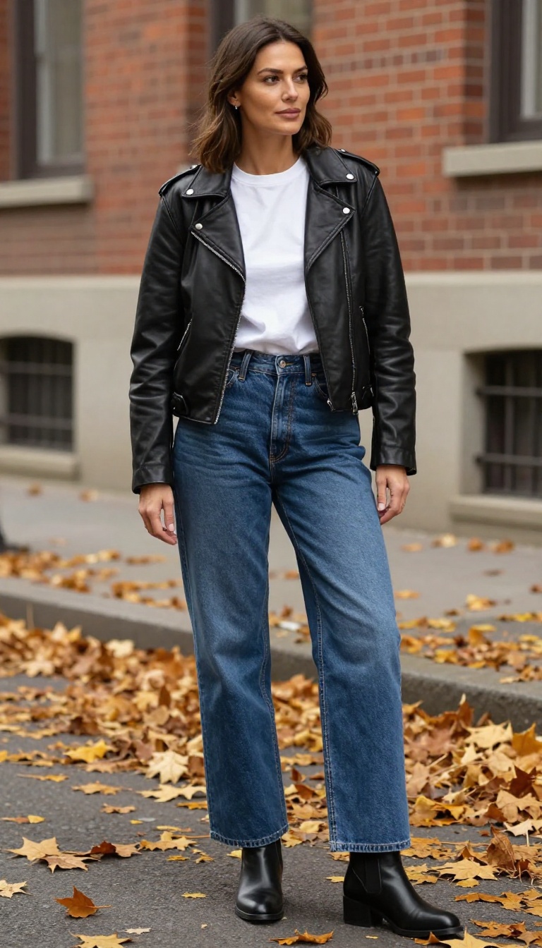 7. Leather Jacket and Wide-Leg Jeans
