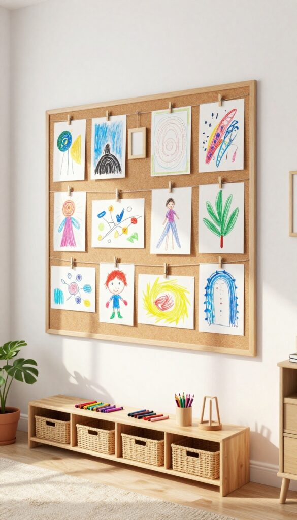 Bright boys bedroom wall with a corkboard and magnetic board displaying colorful kids artwork held by clothespins, with art supply bins below in natural light.