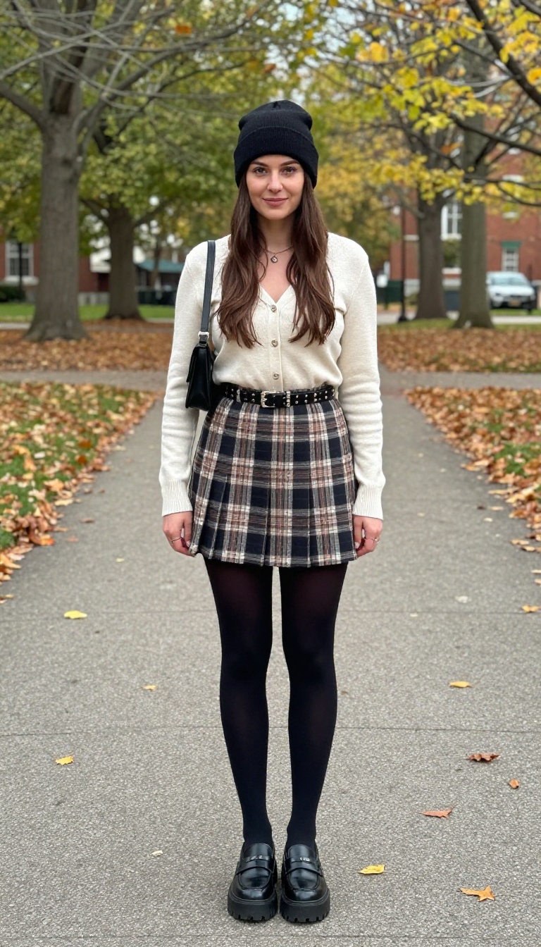 7. Pleated Mini Skirt with Tights and Loafers