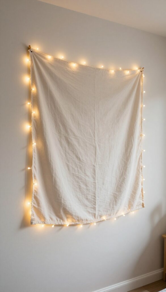 A large fabric wall hanging outlined by a neat border of warm white fairy lights on a bedroom wall, softly glowing to emphasize the artwork.